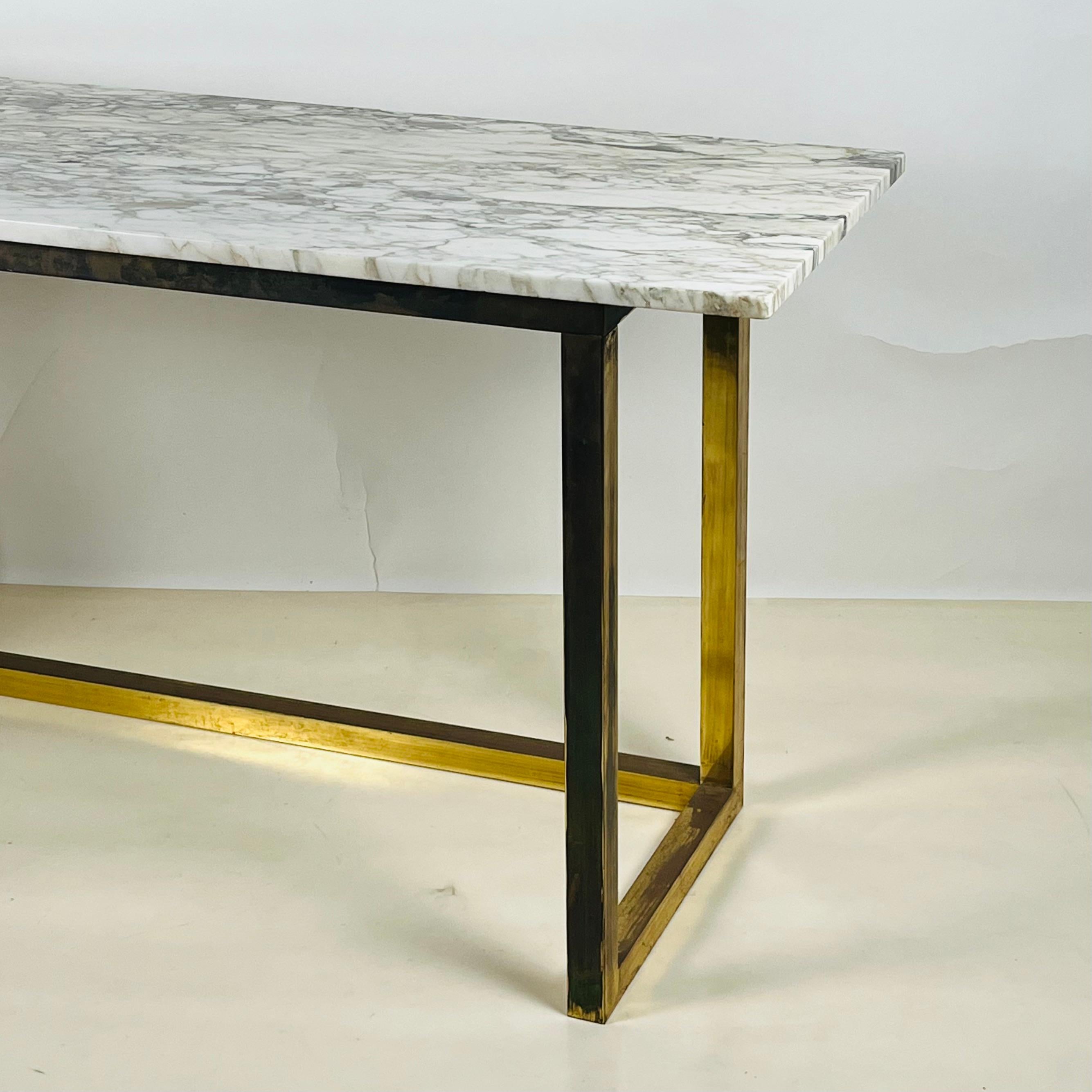 Chic Minimalist Patinated Brass and Marble Console or Library Table For Sale 2