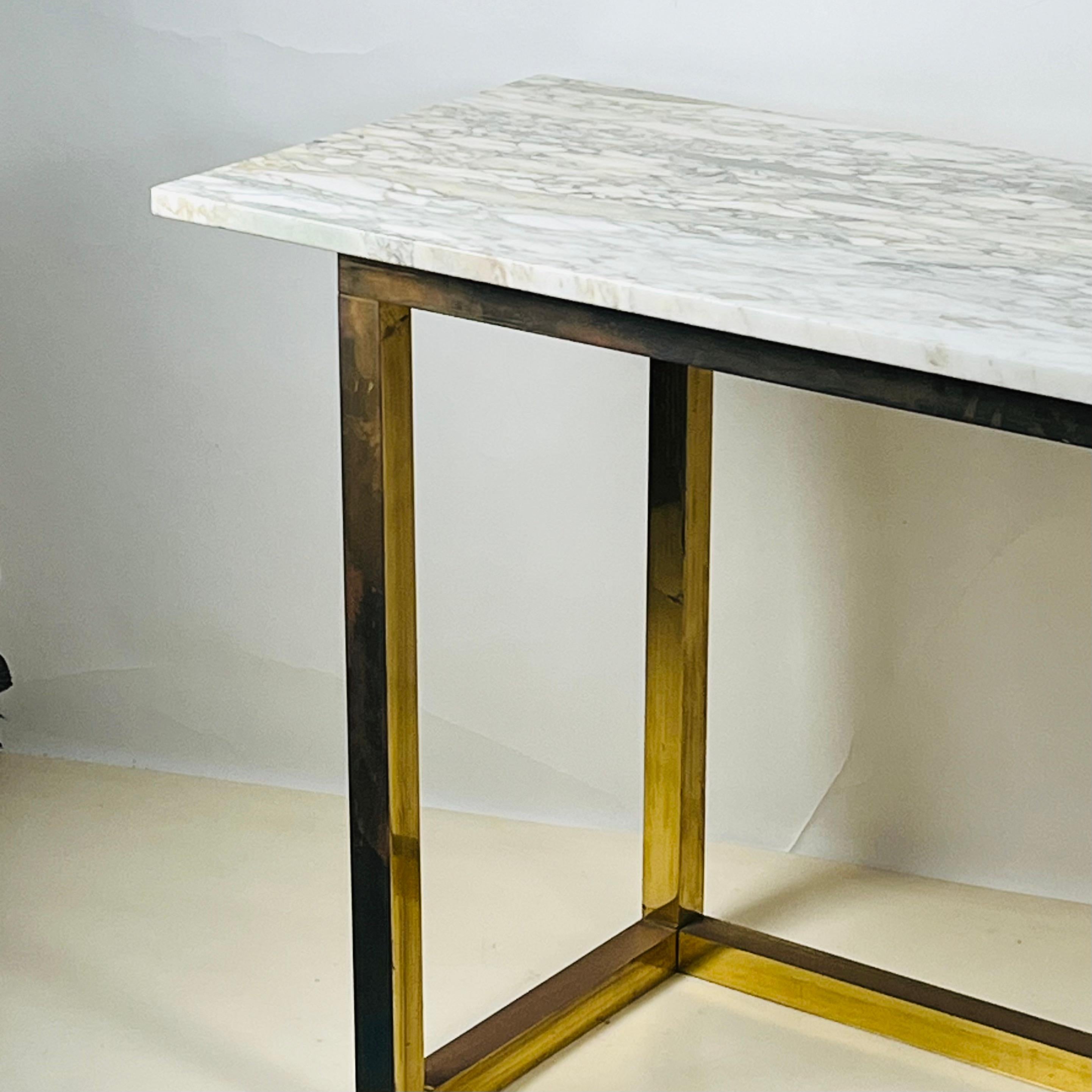 Chic Minimalist Patinated Brass and Marble Console or Library Table For Sale 3
