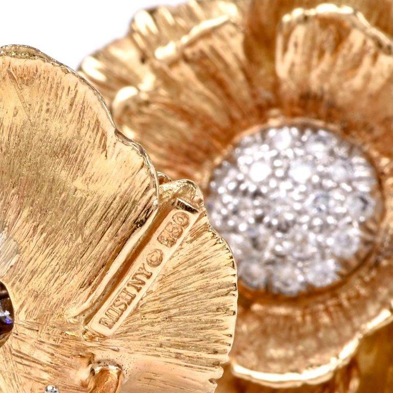 Chic Mish Hibiscus Flower Diamond Yellow Gold Clip-On Earrings 1