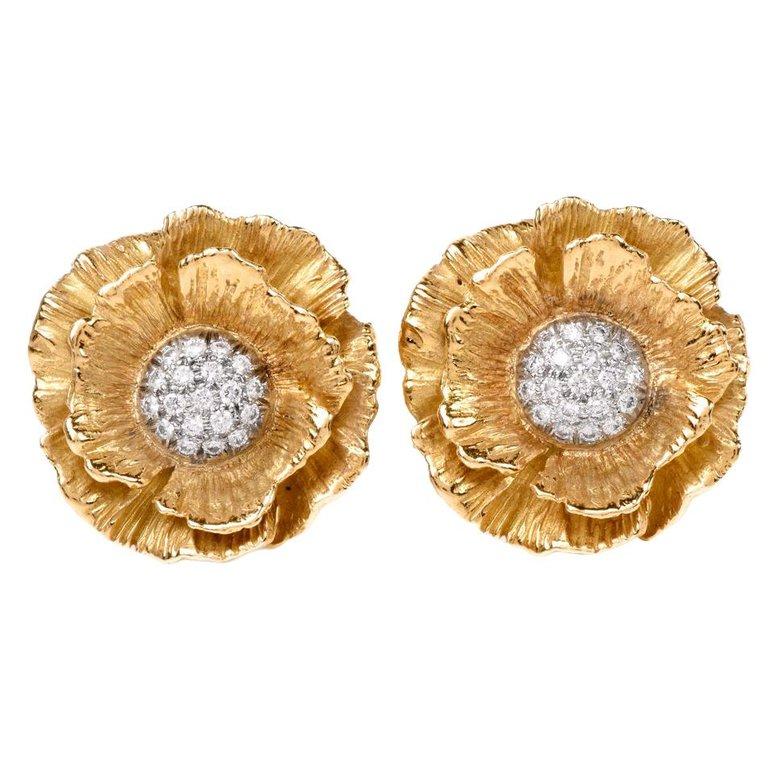 Chic Mish Hibiscus Flower Diamond Yellow Gold Clip-On Earrings