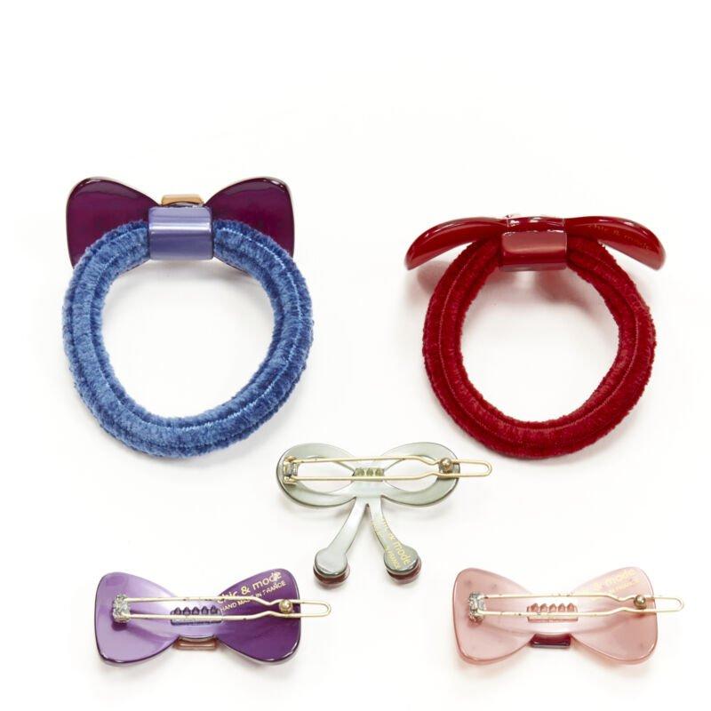 Brown CHIC & MODE Alexandre Zouari LOT OF 5 crystal acrylic bow ribbon hair tie clip For Sale