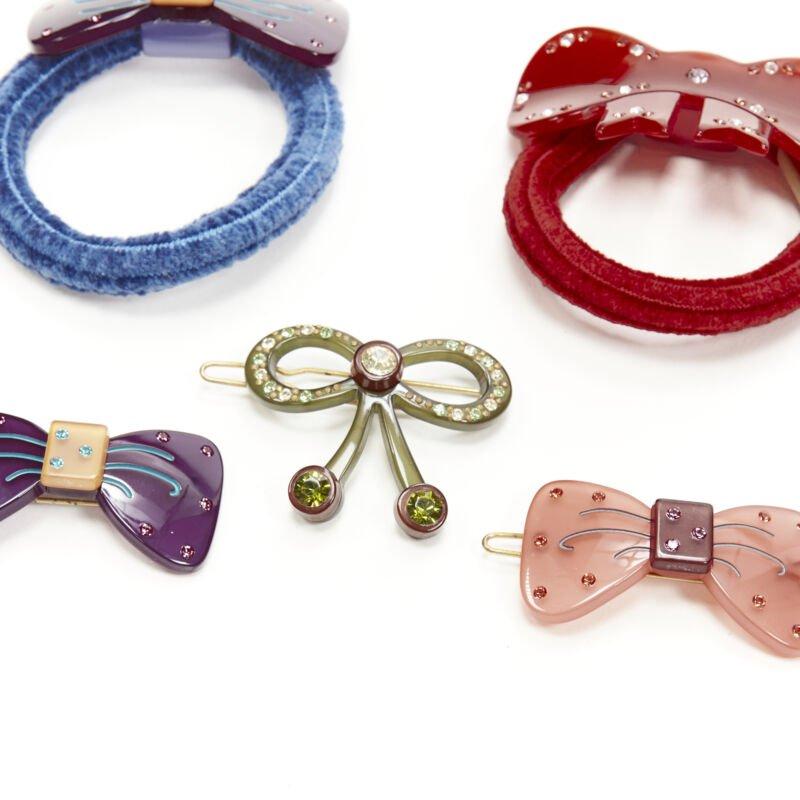 CHIC & MODE Alexandre Zouari LOT OF 5 crystal acrylic bow ribbon hair tie clip In Excellent Condition For Sale In Hong Kong, NT