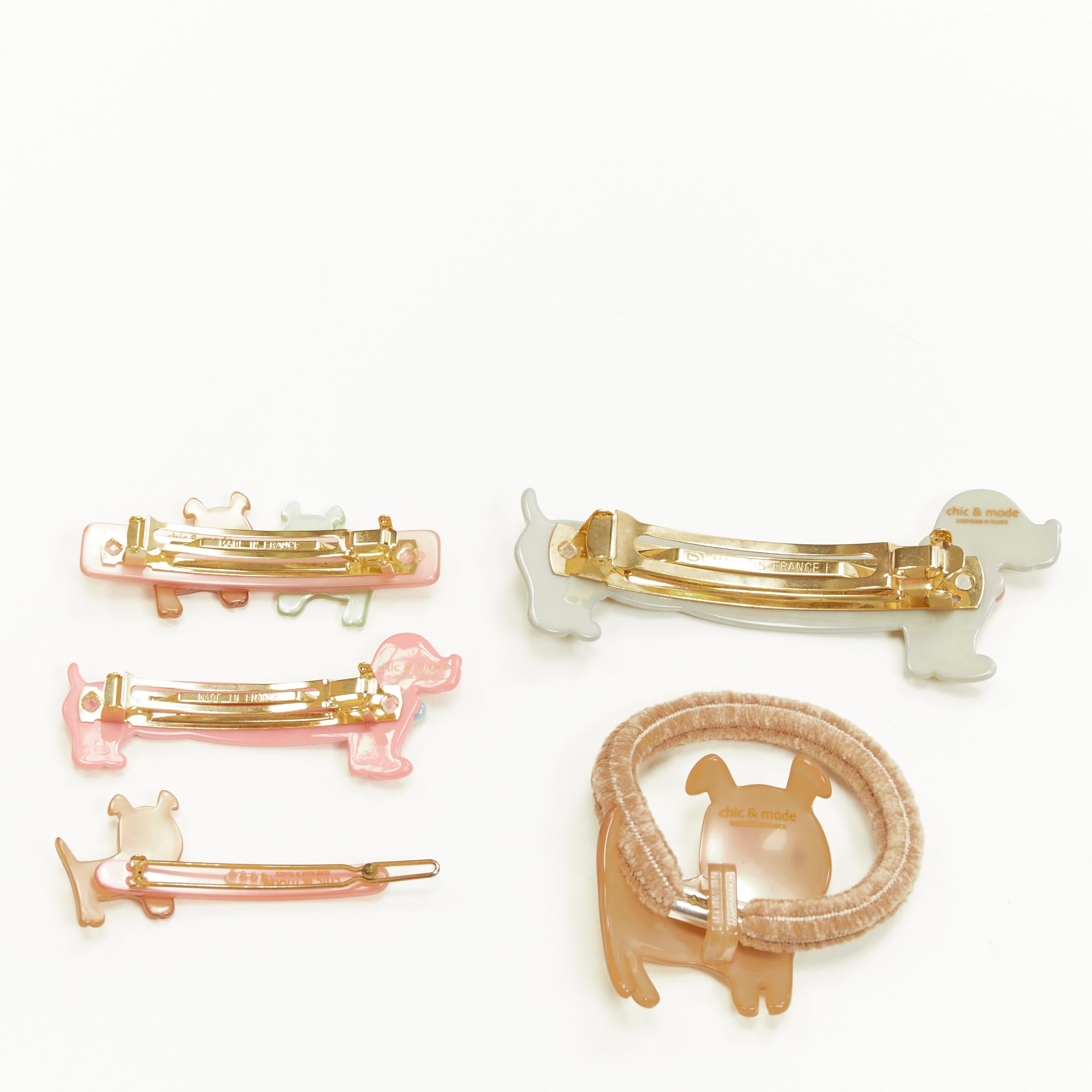 CHIC & MODE Alexandre Zouari LOT OF 5 dogs crystal acrylic hair clip tie 
Reference: ANWU/A00255 
Brand: Chic and Mode 
Designer: Alexandre Zouari 
Material: Plastic 
Color: Multicolour 
Pattern: Solid 
Closure: Clip 
Extra Detail: Large dog clip