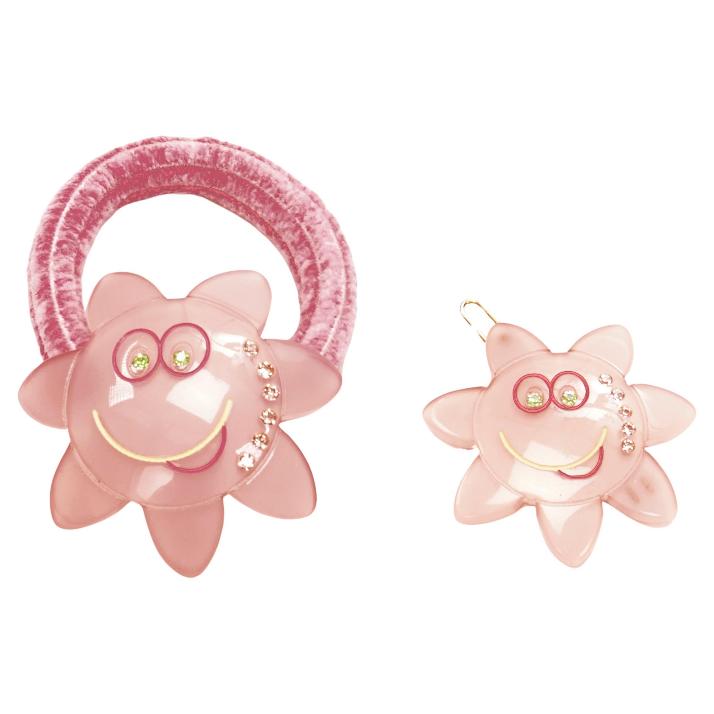 CHIC & MODE Alexandre Zouari pink crystal smiley flower acrylic hair tie clip X2