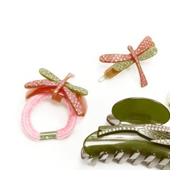 CHIC & MODE Alexandre Zouari rosa verde libélula flor pelo pinza clip lazo X4