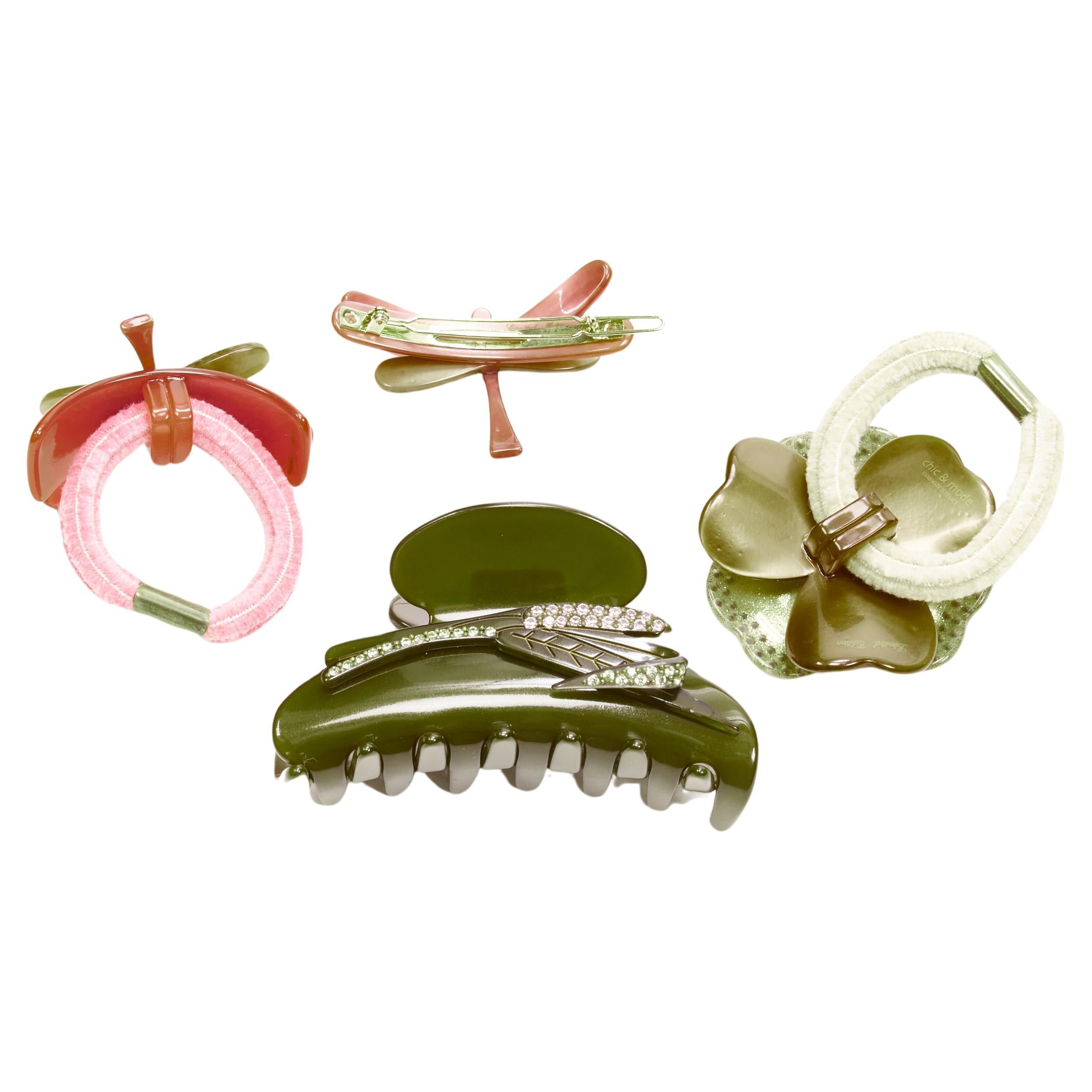 CHIC & MODE Alexandre Zouari pink green dragonfly flower hair clamp clip tie X4