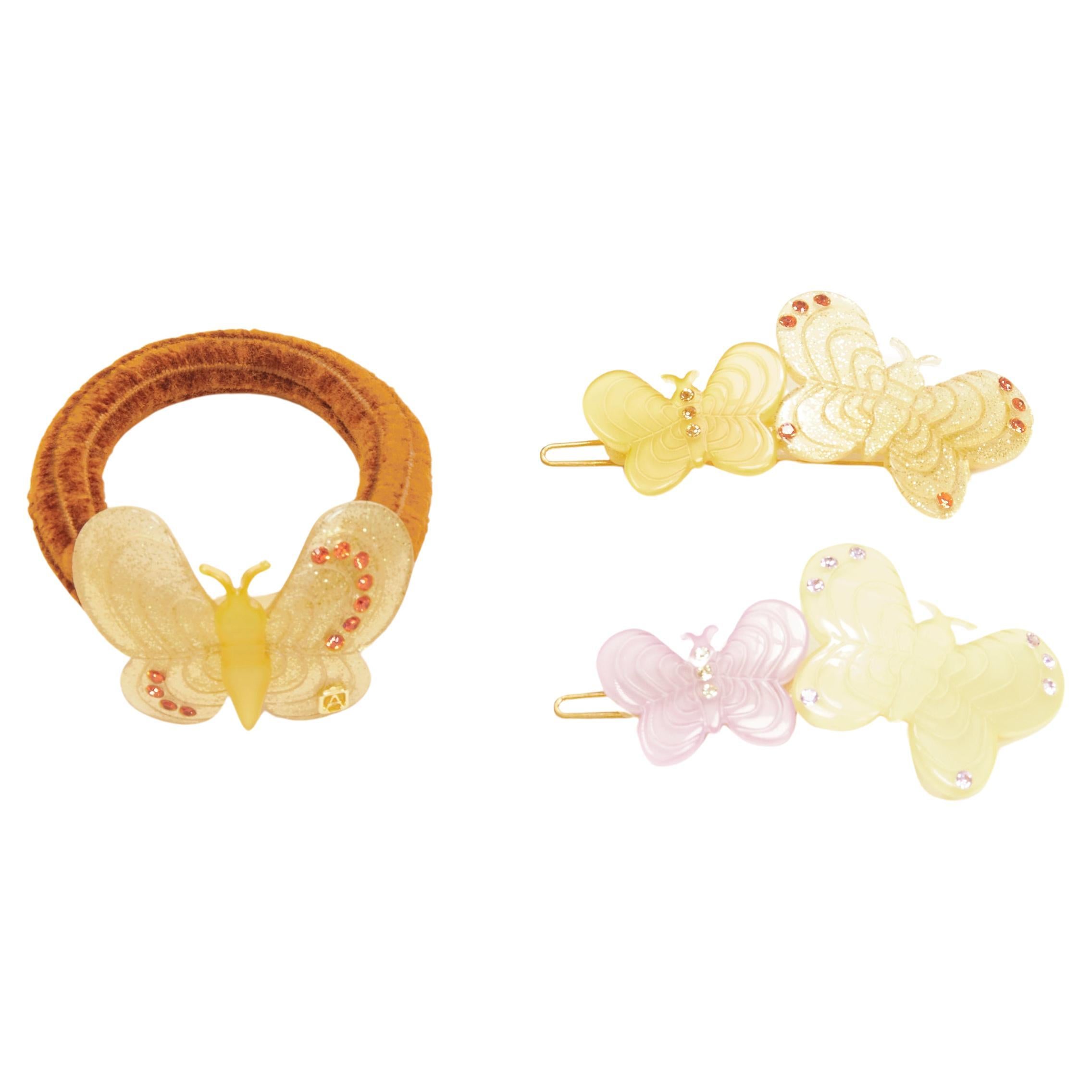 CHIC & MODE Alexandre Zouari yellow pastel crystal butterfly acrylic clip tie X3 For Sale