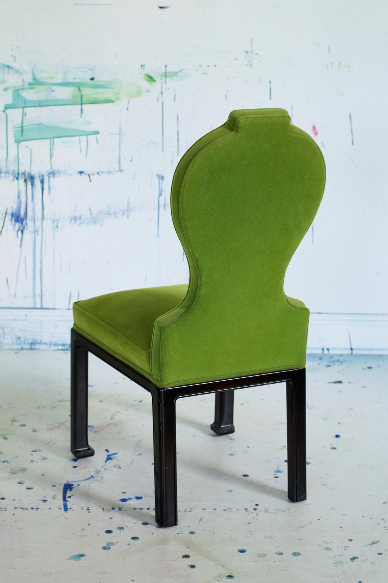 Lacquered Chic Modernist Dining Chairs in Green Mohair