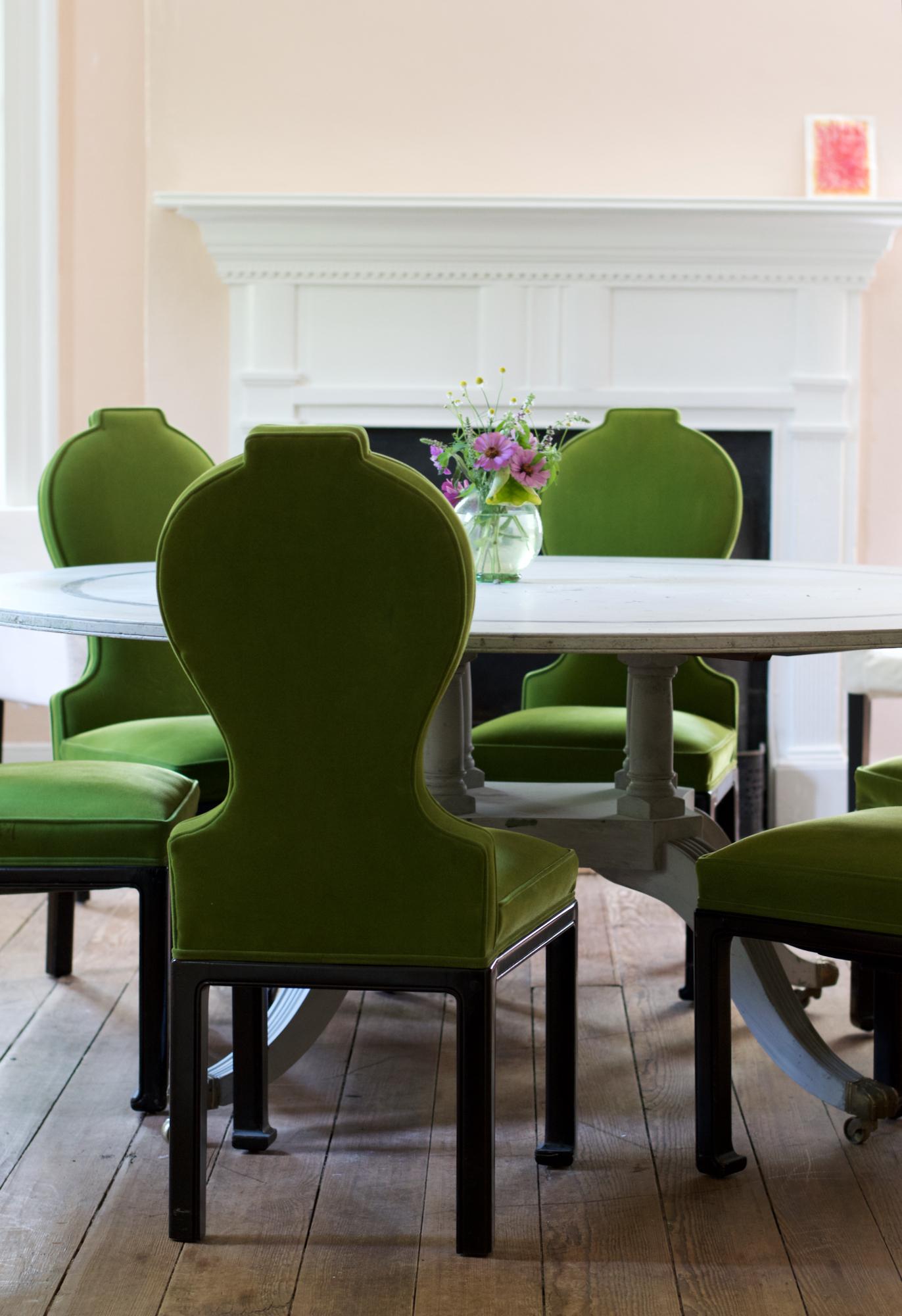 Chic Modernist Dining Chairs in Green Mohair 1