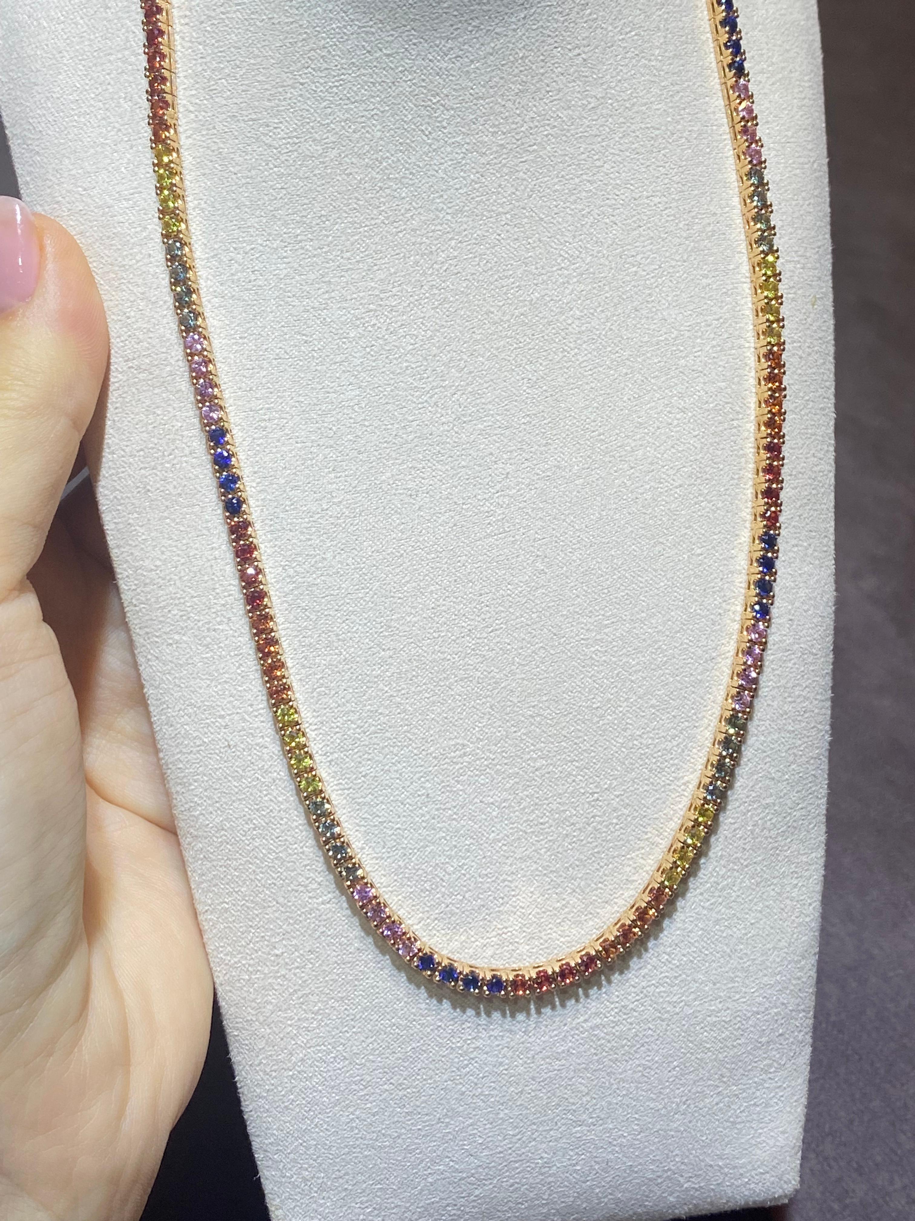 Modern Chic Multi Sapphire Tennis Yellow 18K Gold Tennis Necklace for Her For Sale