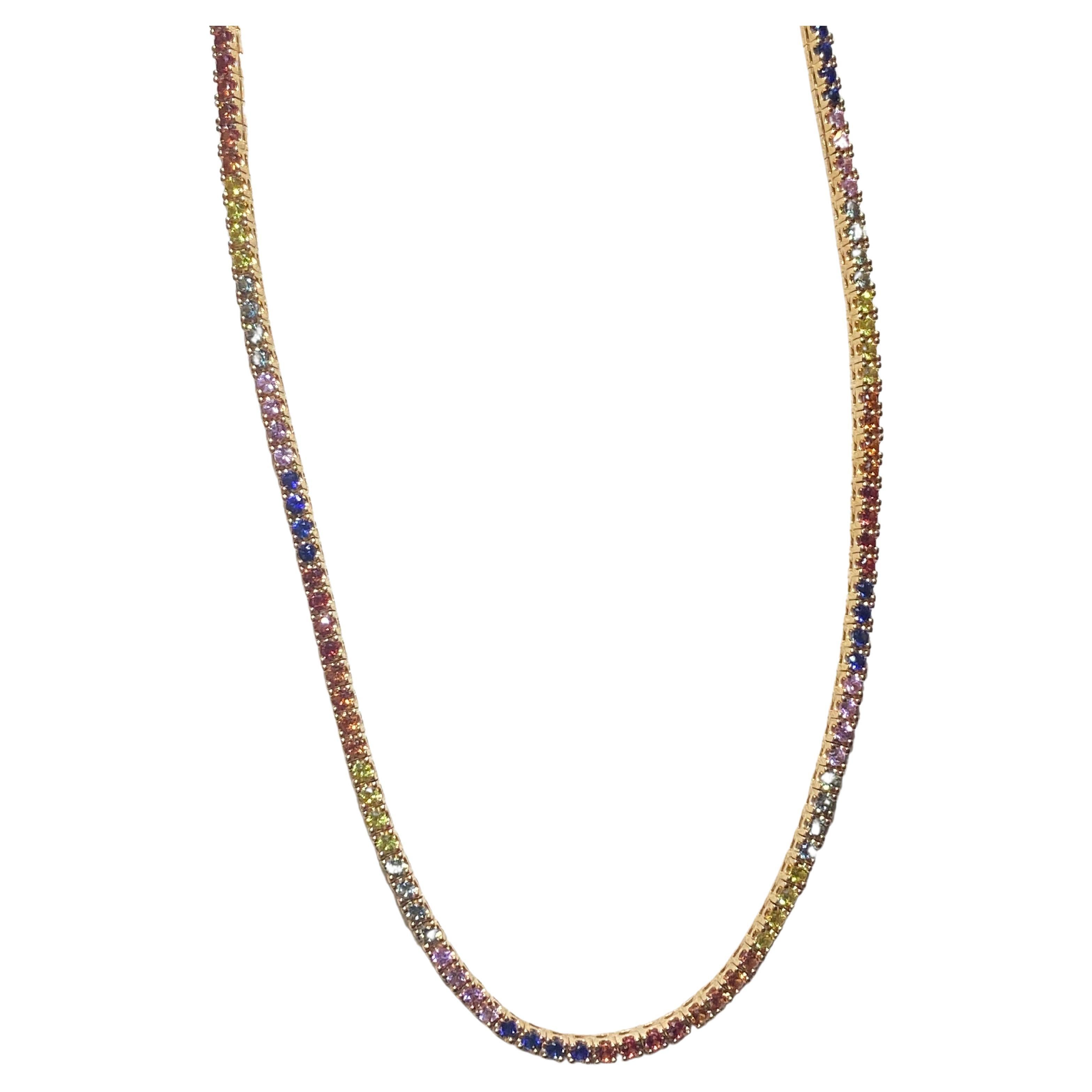 Chic Multi Sapphire Tennis Yellow 18K Gold Tennis Necklace for Her For Sale