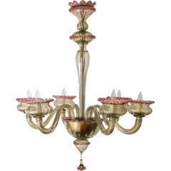 Chic Murano 1950s Olive Green Glass 6-Light Chandelier with Pink Embellishments