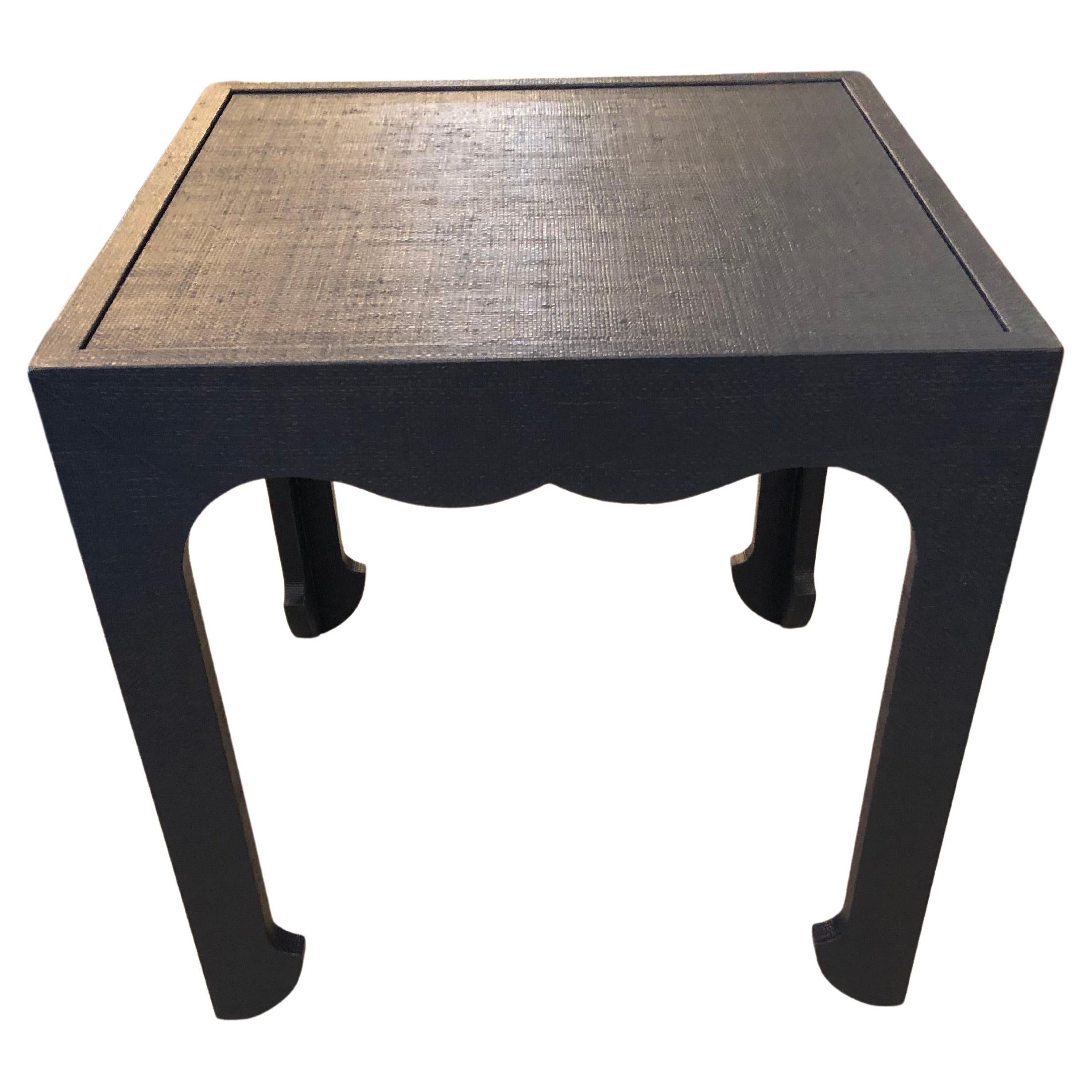 Chic Navy Blue Linen Wrapped Designer Square End Table Pair Available