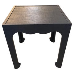 Chic Navy Blue Linen Wrapped Designer Square End Table Pair Available