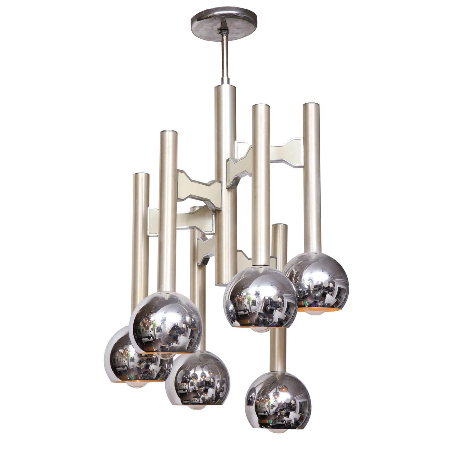 Stylish brushed nickel pendant fixture with chrome ball shades and canopy in the manner of Sciolari. Italy 1970's.
