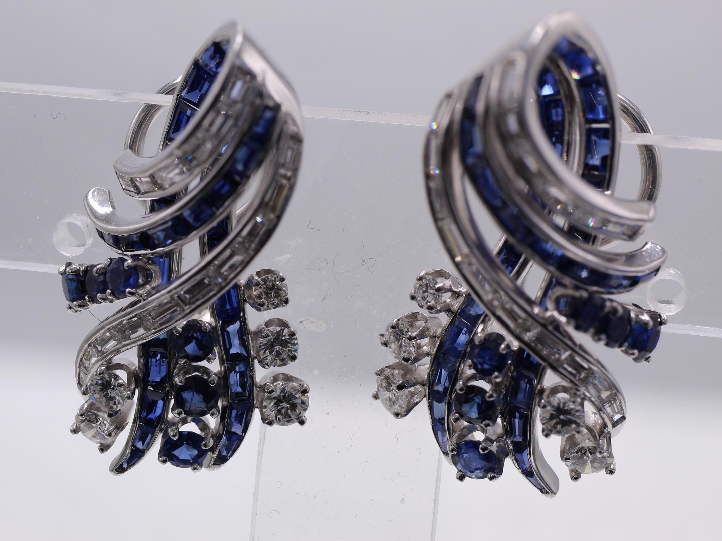 Chic Nieman Marcus Sapphire Diamond Platinum Ear Clips In Excellent Condition For Sale In New York, NY