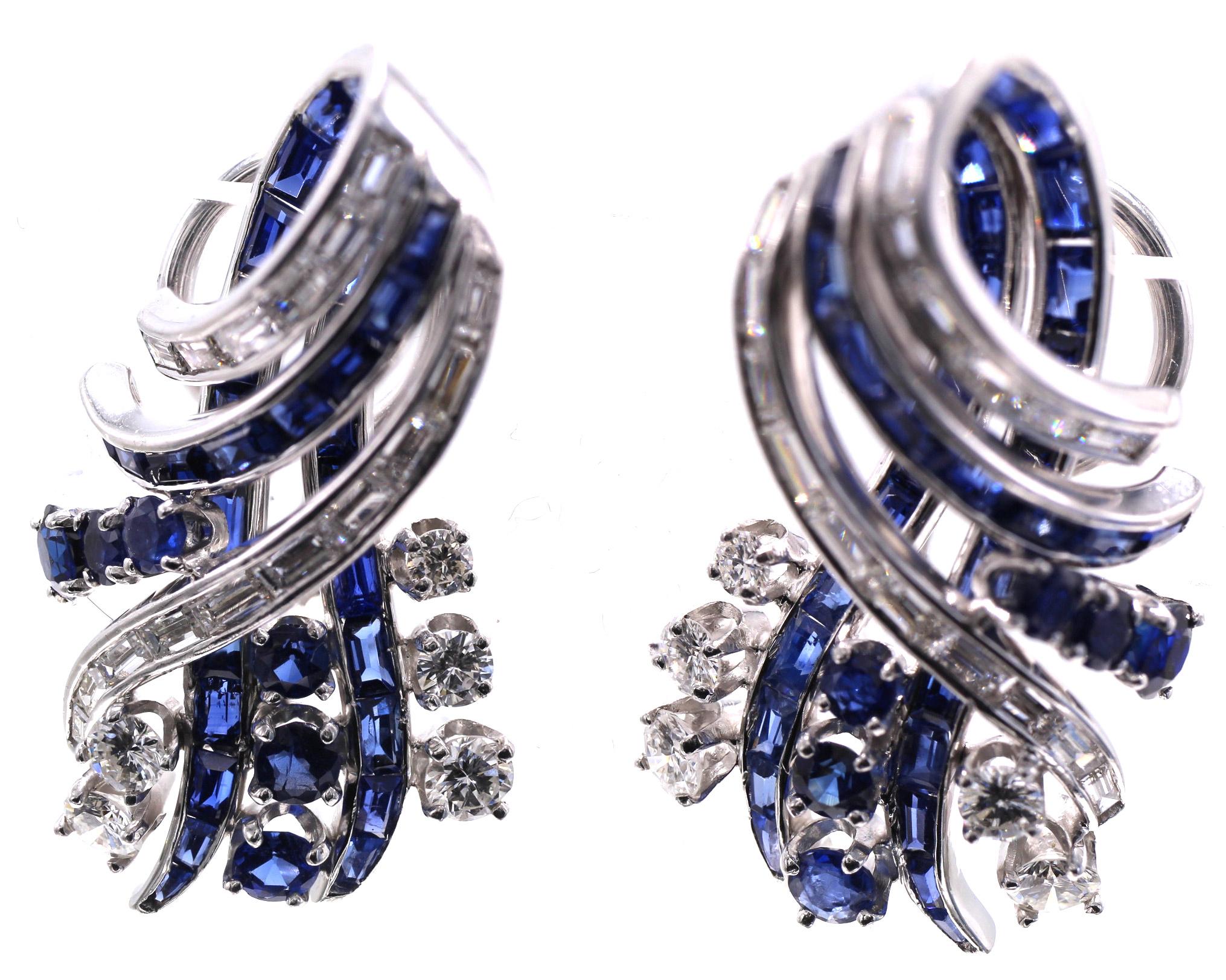 Women's or Men's Chic Nieman Marcus Sapphire Diamond Platinum Ear Clips For Sale