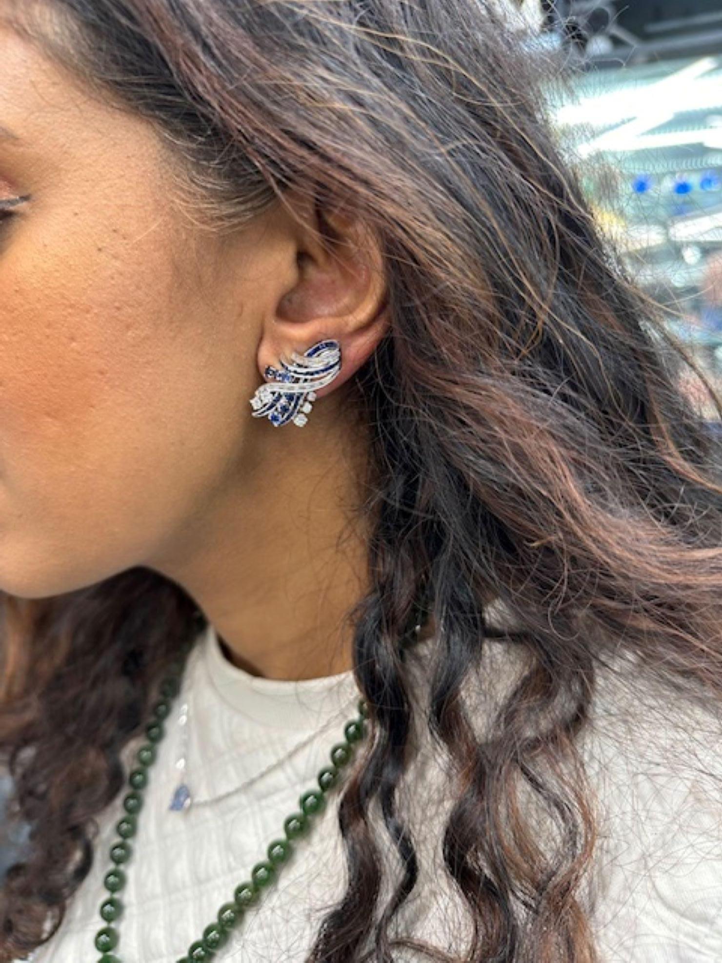 Chic Nieman Marcus Sapphire Diamond Platinum Ear Clips For Sale 1