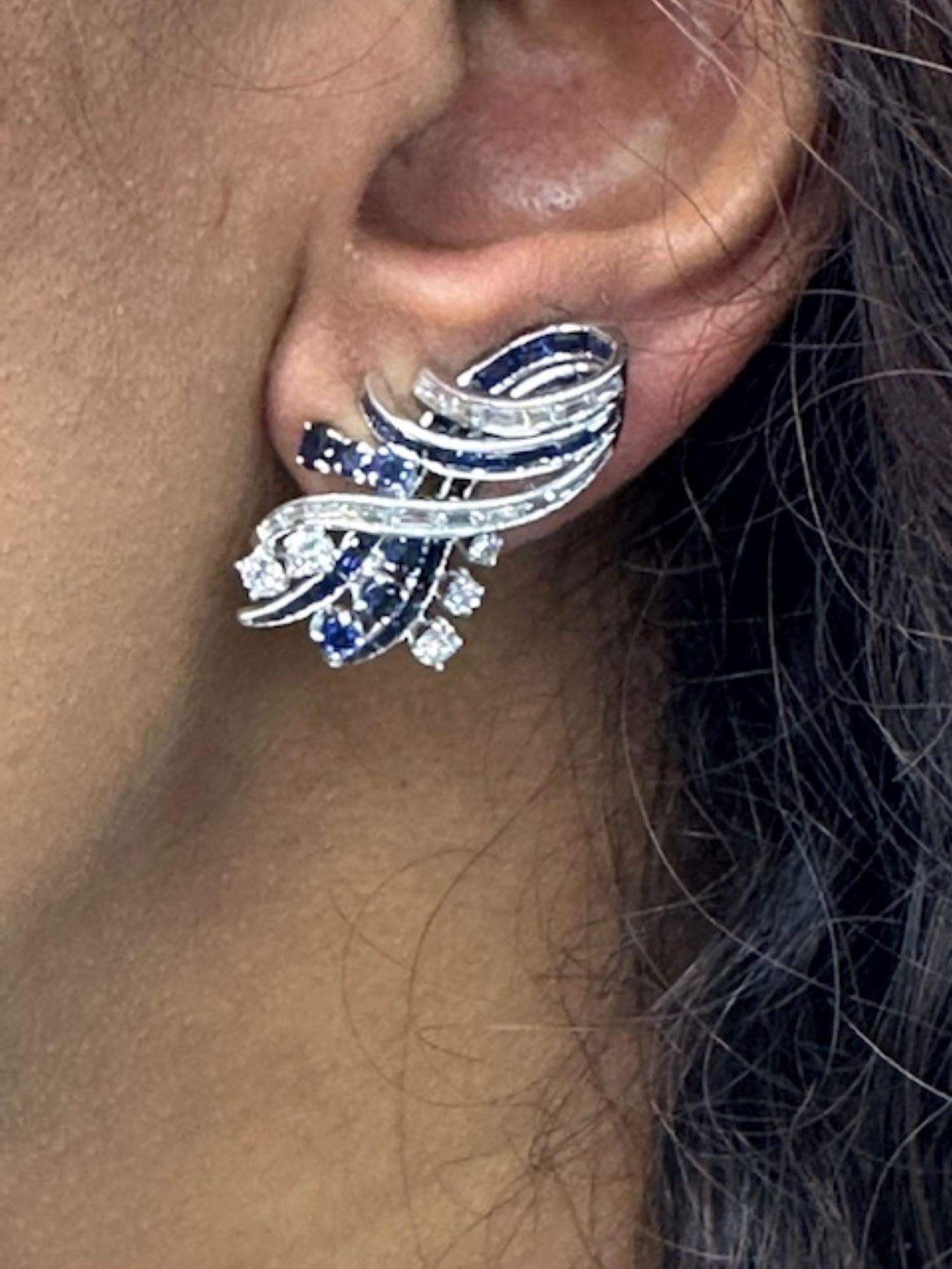 Chic Nieman Marcus Sapphire Diamond Platinum Ear Clips For Sale 2