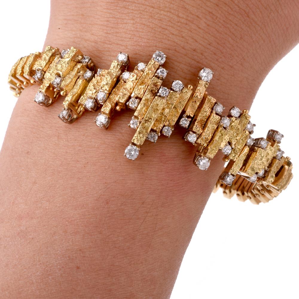 Artisan Chic Nugget Textured Yellow Gold Diamond Link Bracelet