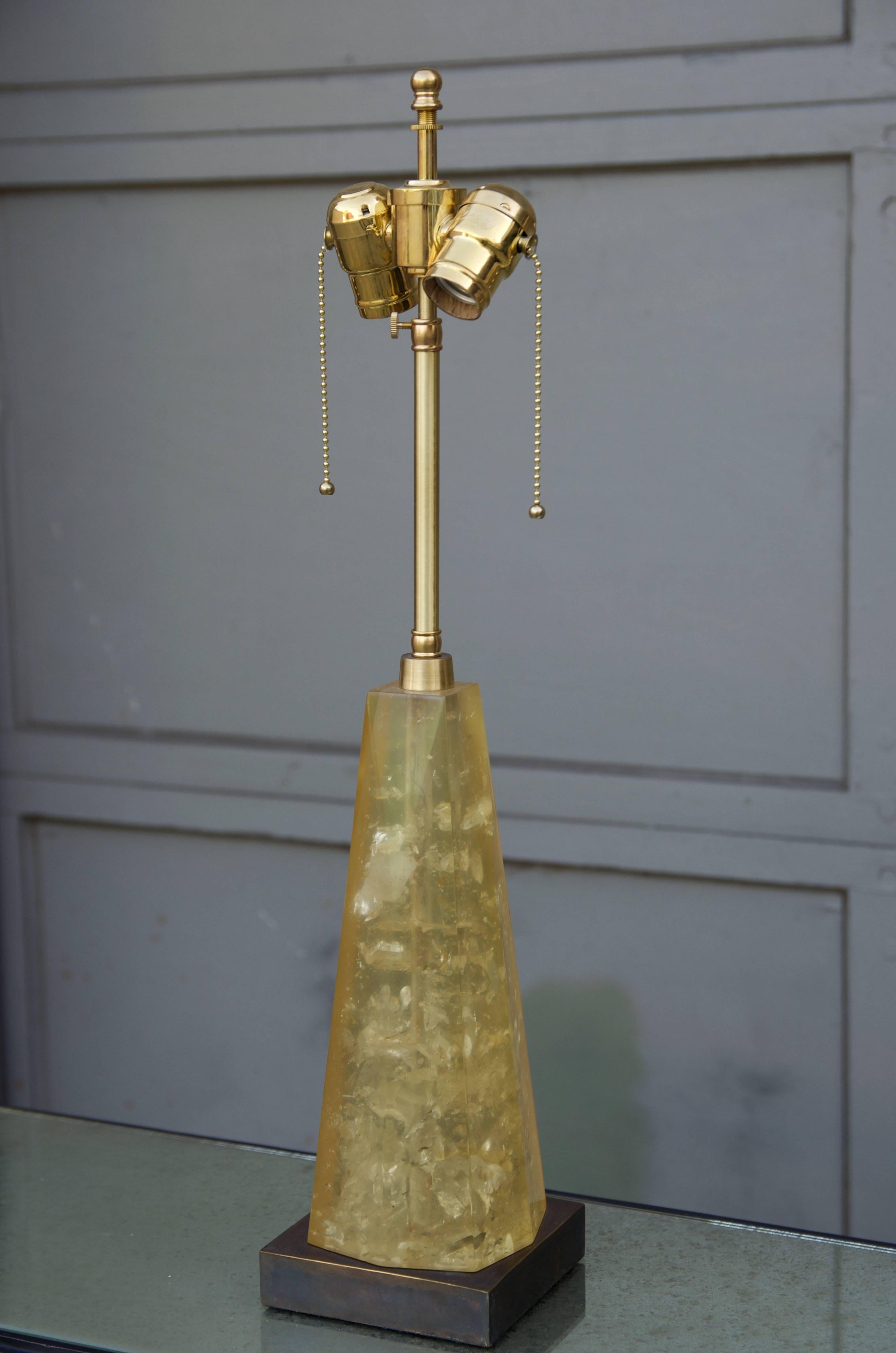 Chic obelisk fractal resin table lamp. Patinated brass base. Rewired professionally (UL listed).