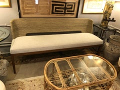Chic Organic Modern Woven Rattan Bamboo and Upholstered Bench Sofa