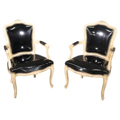 Chic Paint Antique White Paint Decorated Black Patent Leather Louis XV Armchairs