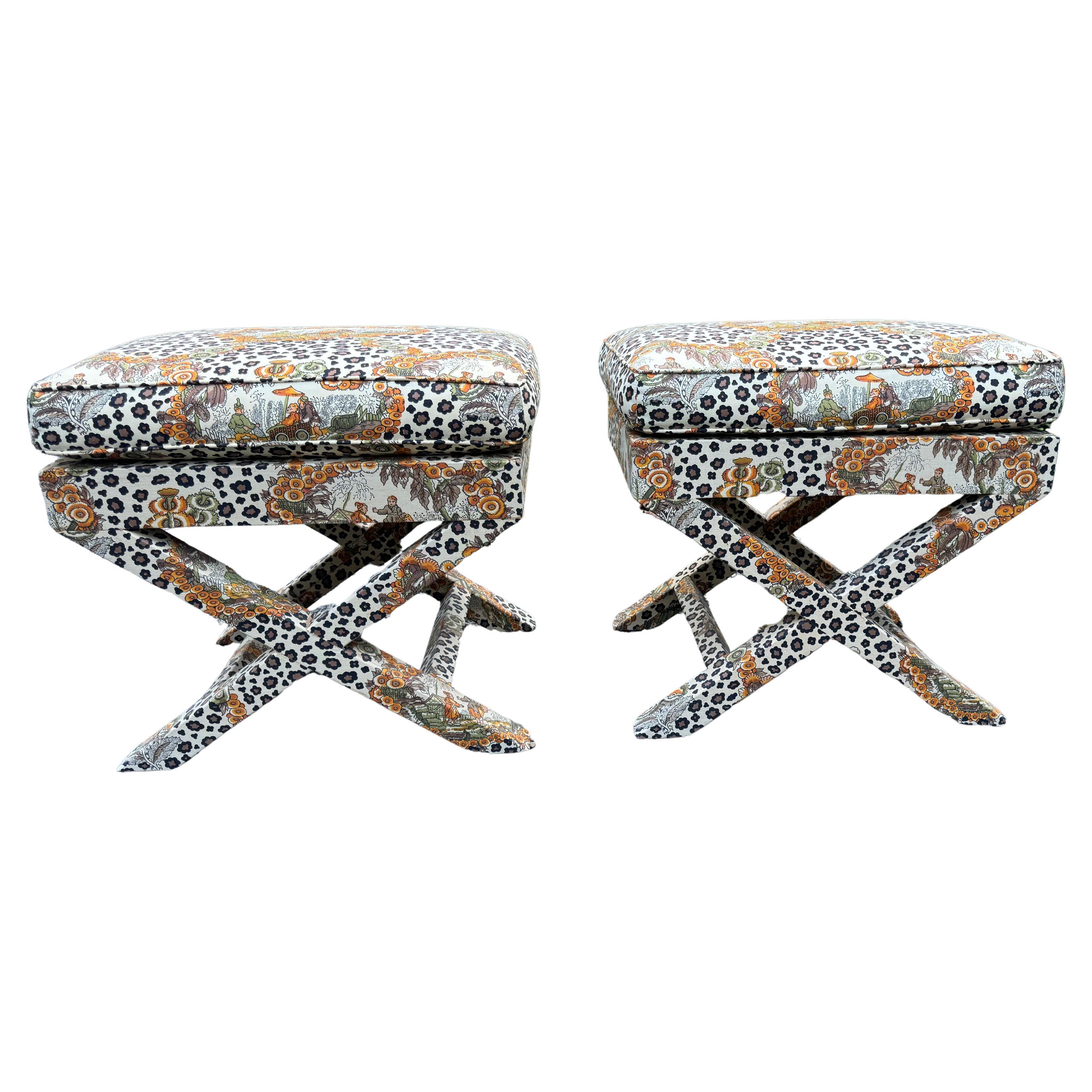 Chic Pair Billy Baldwin Style Leopard & Chinoiserie Upholstered Benches Ottomans