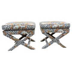 Chic Pair Billy Baldwin Style Leopard & Chinoiserie Upholstered Benches Ottomans