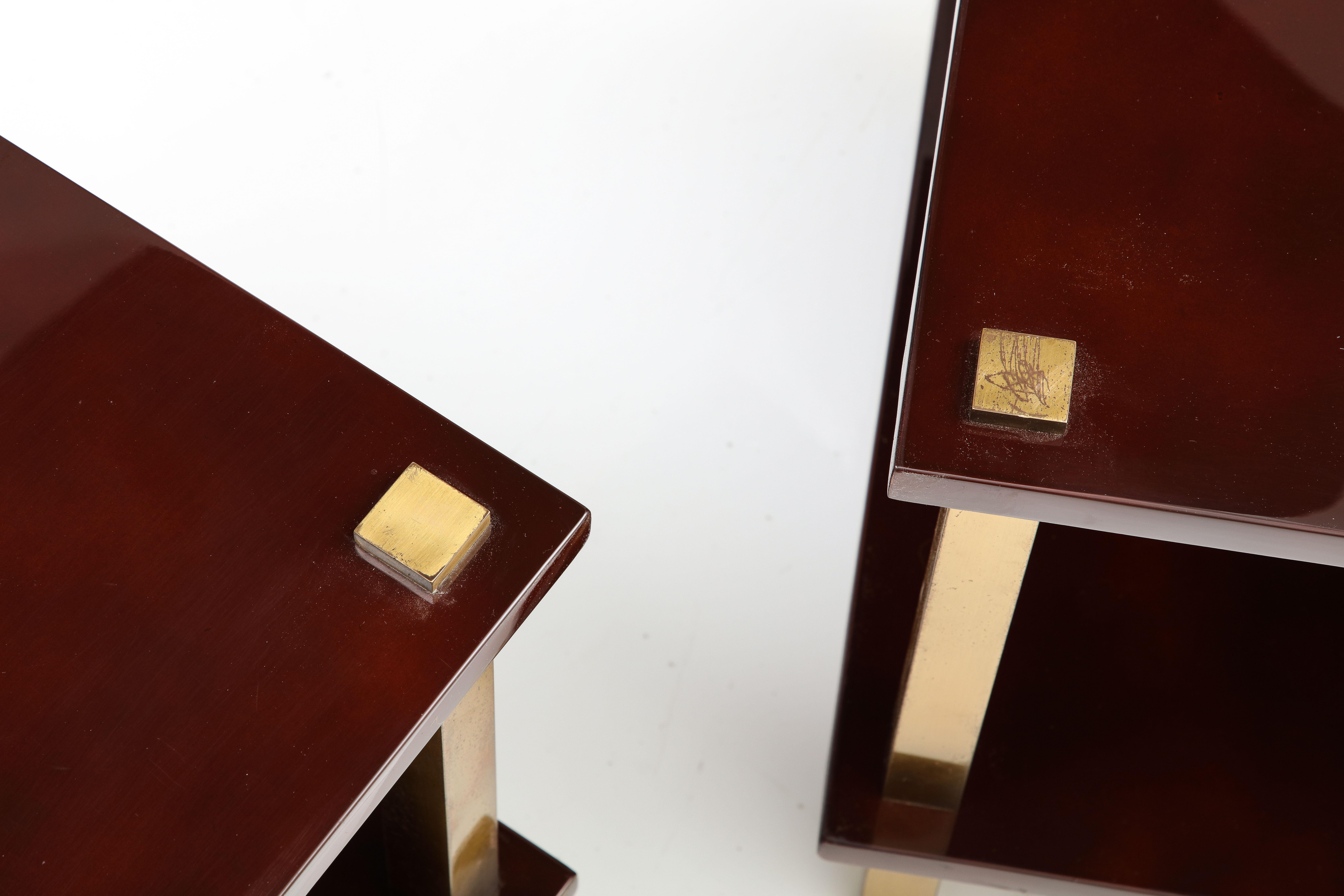 Hollywood Regency Chic Pair French Lacquered Wood and Gilt Bronze Side Tables