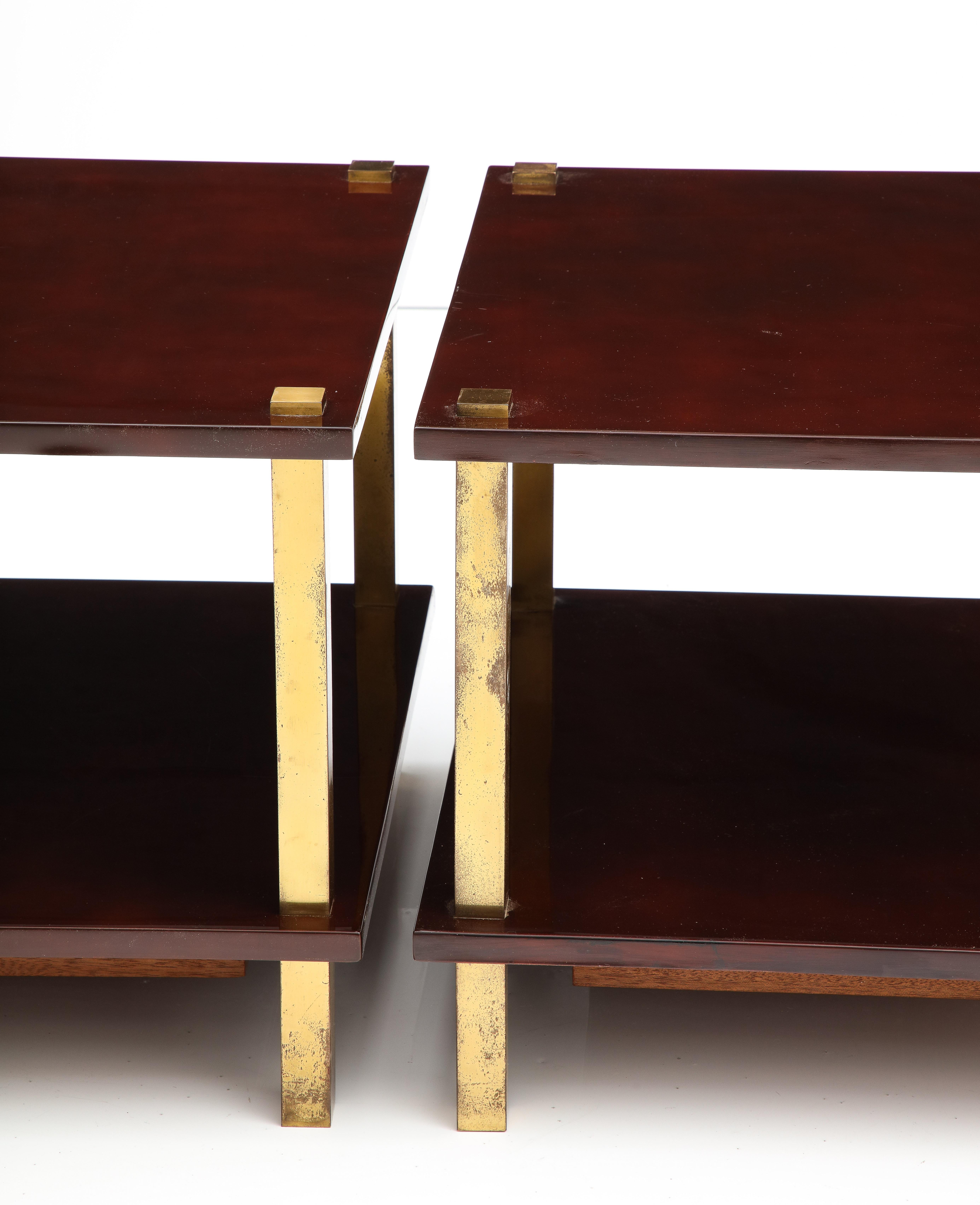 Late 20th Century Chic Pair French Lacquered Wood and Gilt Bronze Side Tables