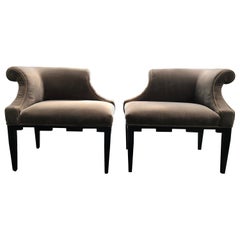Chic Pair of Baker Corner Chairs Upholstered in Mushroom Velvet