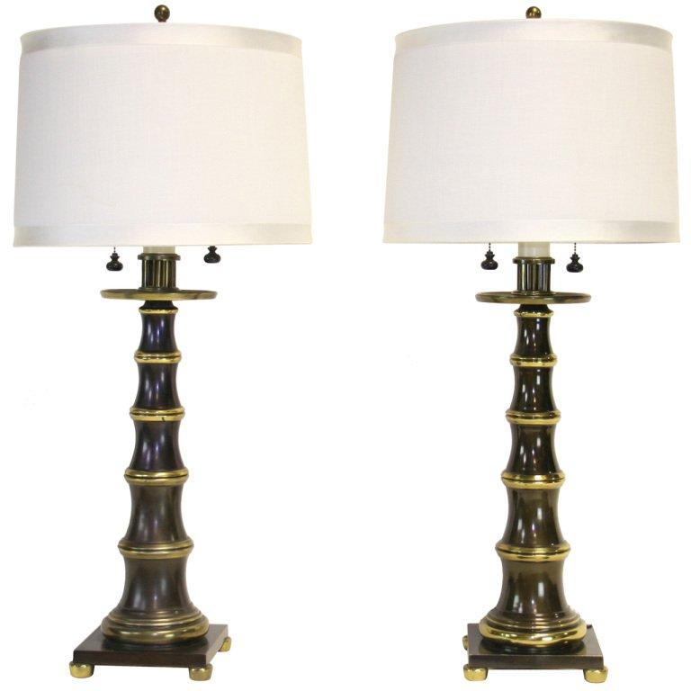 Paire de lampes chics en bronze et laiton imitation bambou