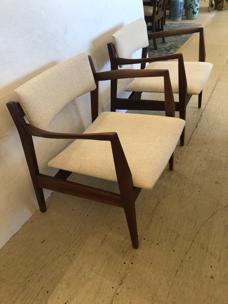 Chic Pair of Danish MidCentury Modern Teak and Upholstered Arm Chairs