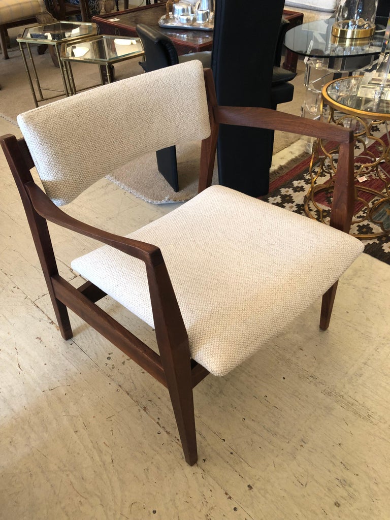 Chic Pair of Danish MidCentury Modern Teak and Upholstered Arm Chairs