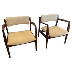 Chic Pair of Danish Mid-Century Modern Teak and Upholstered Arm Chairs