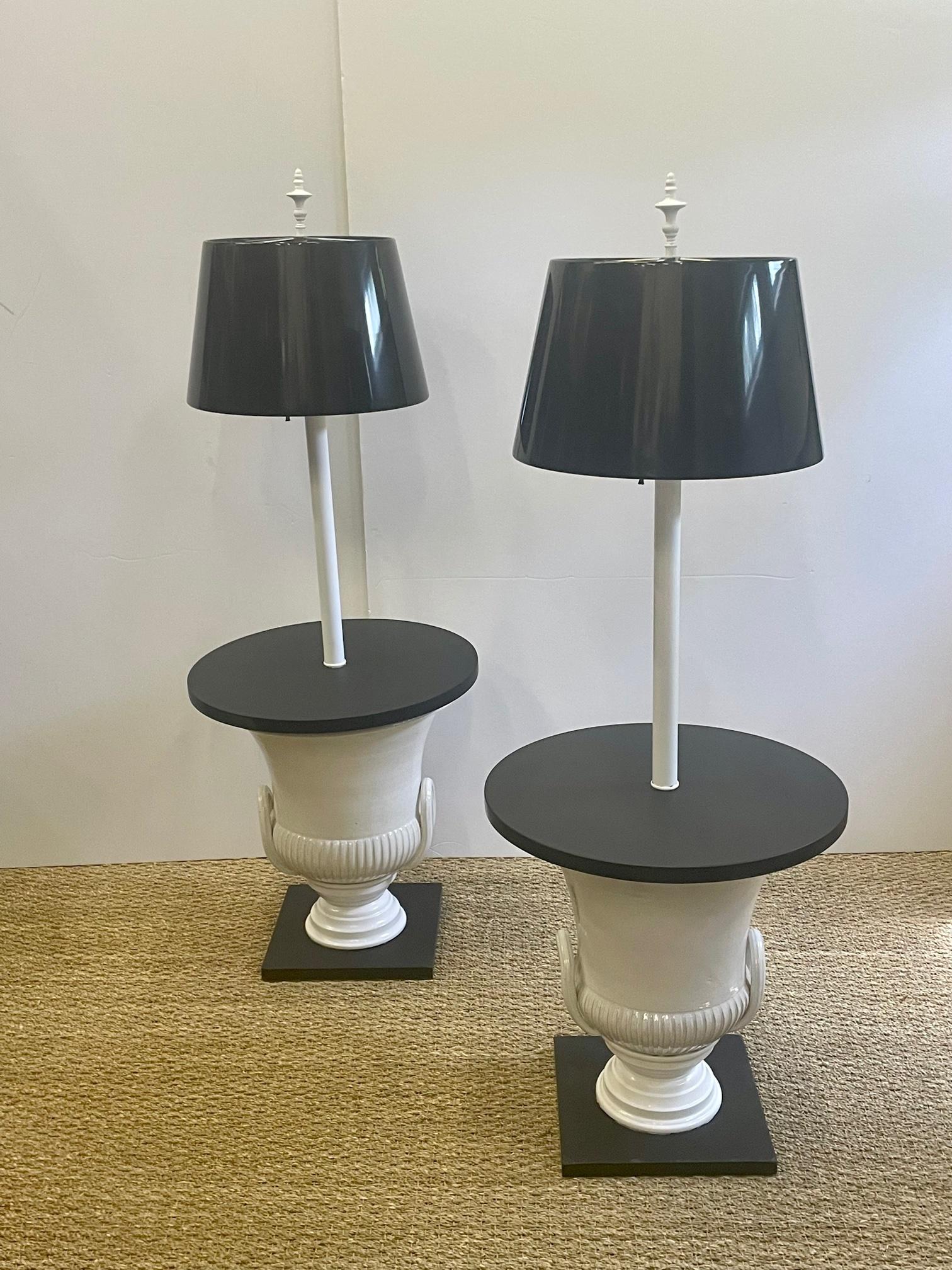 Neoclassical Chic Pair of Dorothy Draper Style Urn Base Floor Lamp Side Tables For Sale