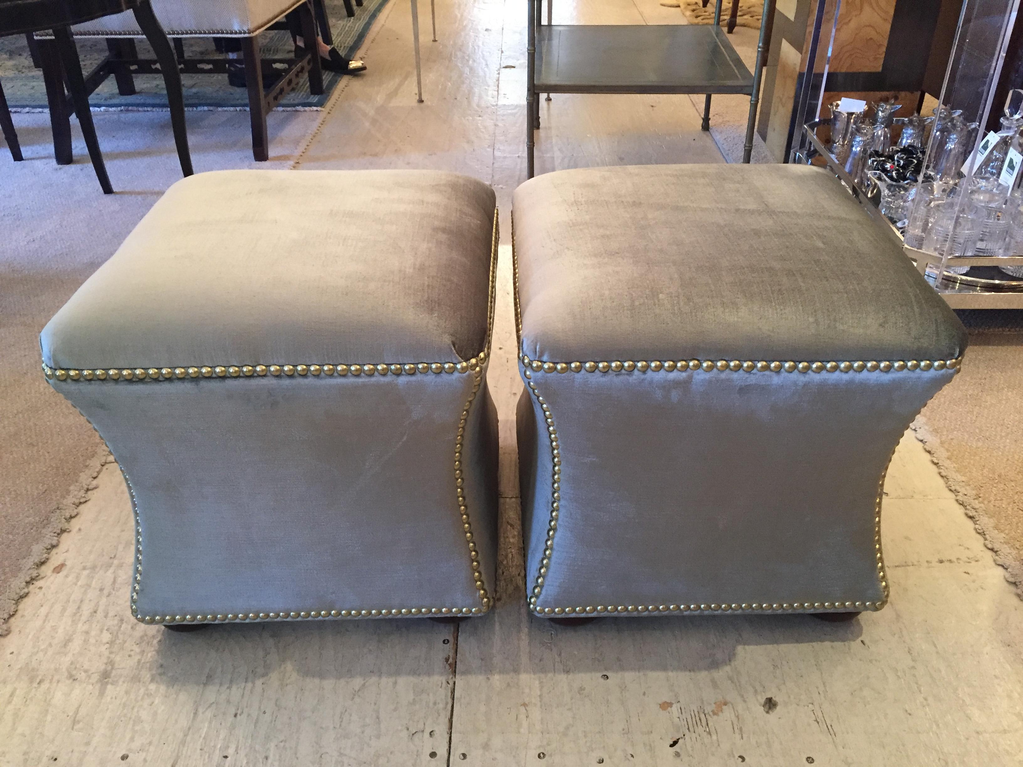 American Chic Pair of Elegant Hourglass Shaped Silk Velvet Ottoman Stools