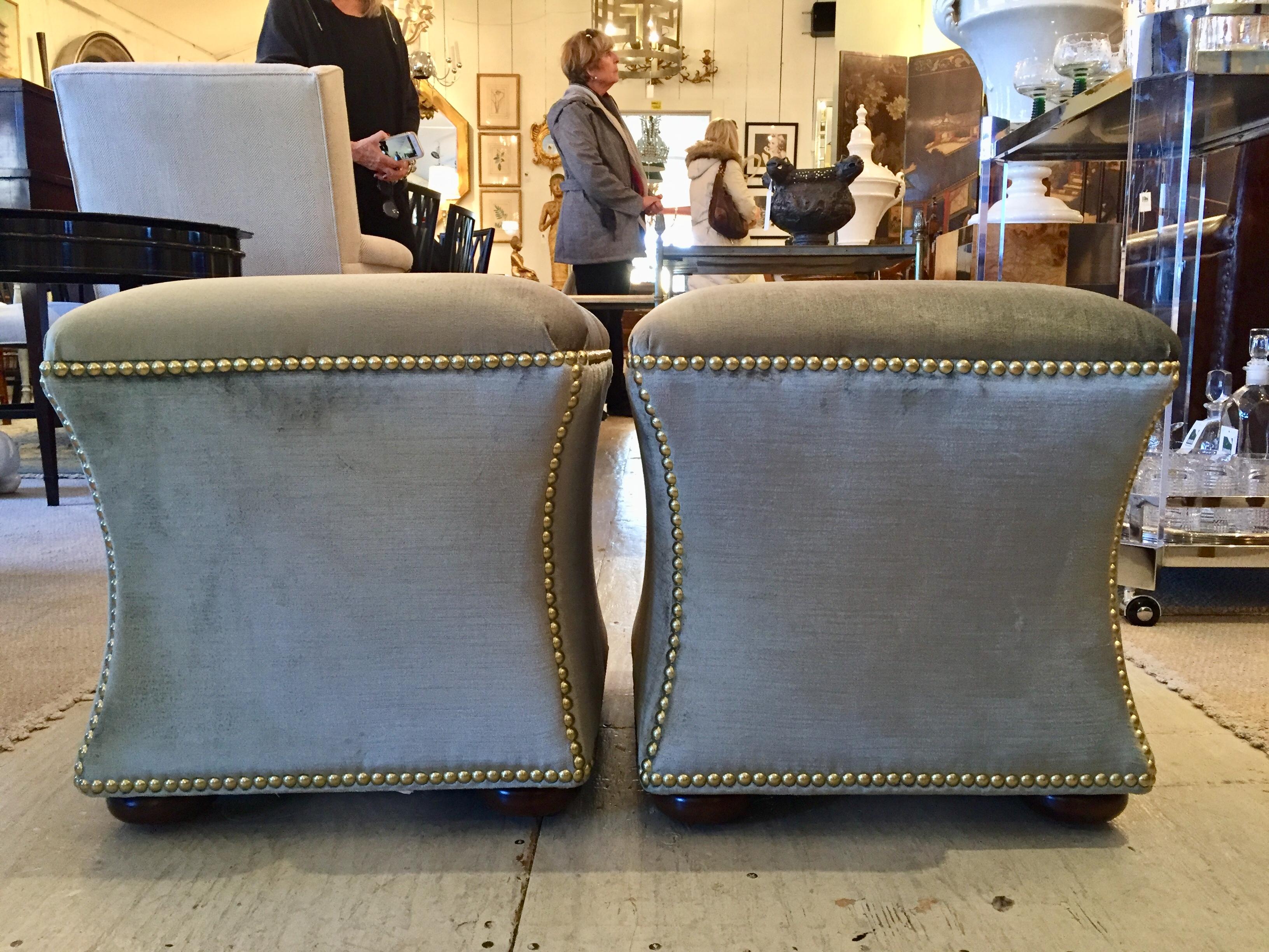 Chic Pair of Elegant Hourglass Shaped Silk Velvet Ottoman Stools In Excellent Condition In Hopewell, NJ