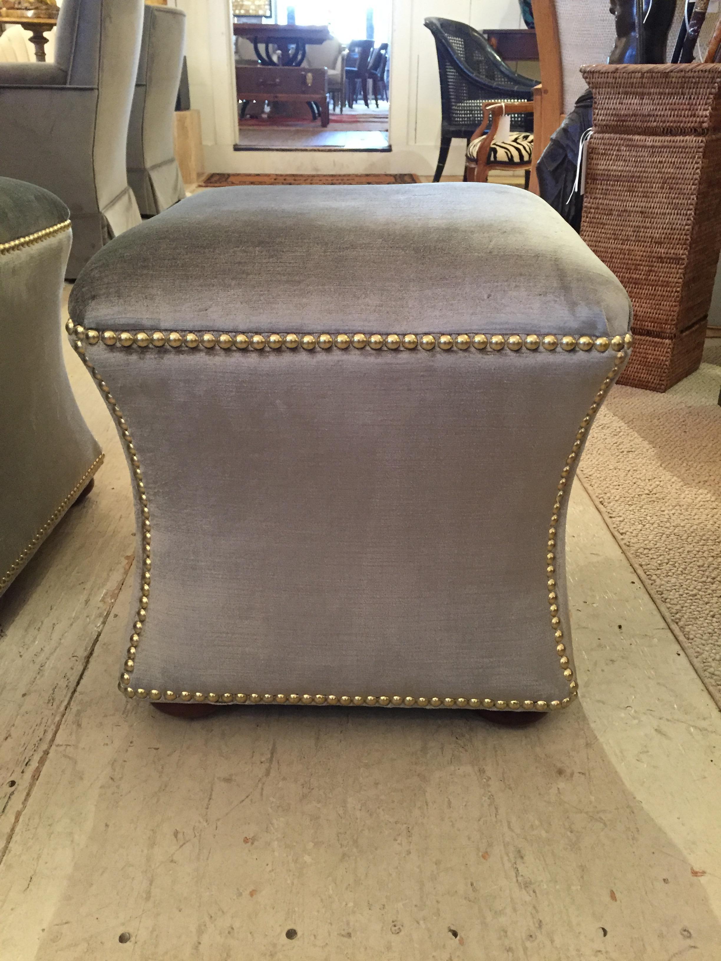 Chic Pair of Elegant Hourglass Shaped Silk Velvet Ottoman Stools 1