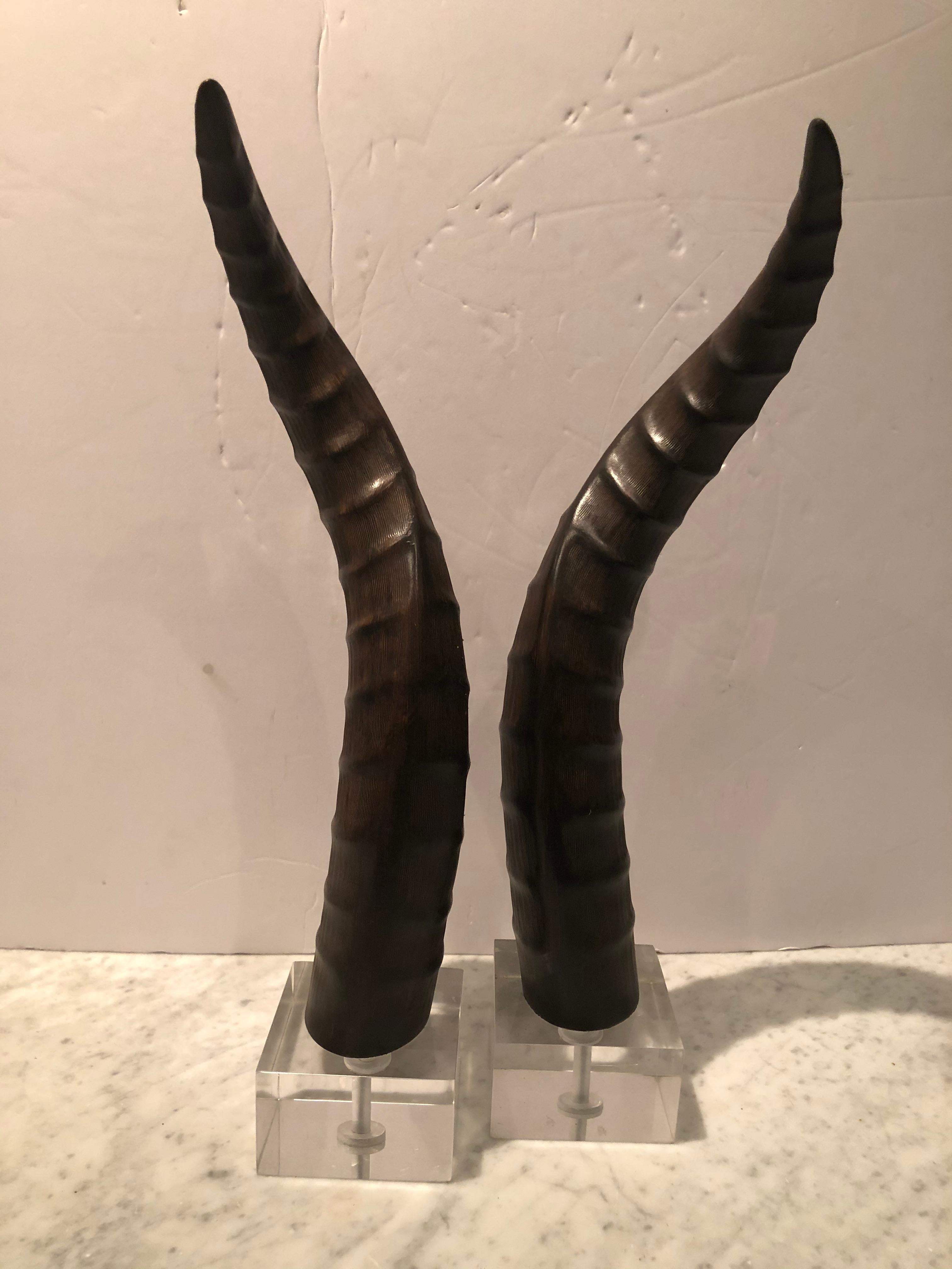 Organic Modern Chic Pair of Faux Horns on Lucite Bases For Sale