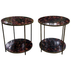 Chic Pair of Faux Tortoise Shell Two-Tier Side Tables