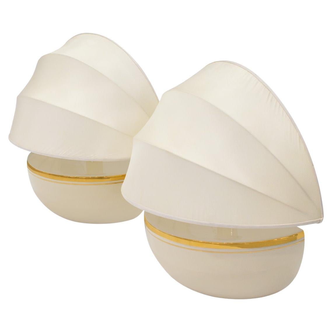 Chic Pair of French Porcelain Table Lamps with Sculptural Shades 1960s