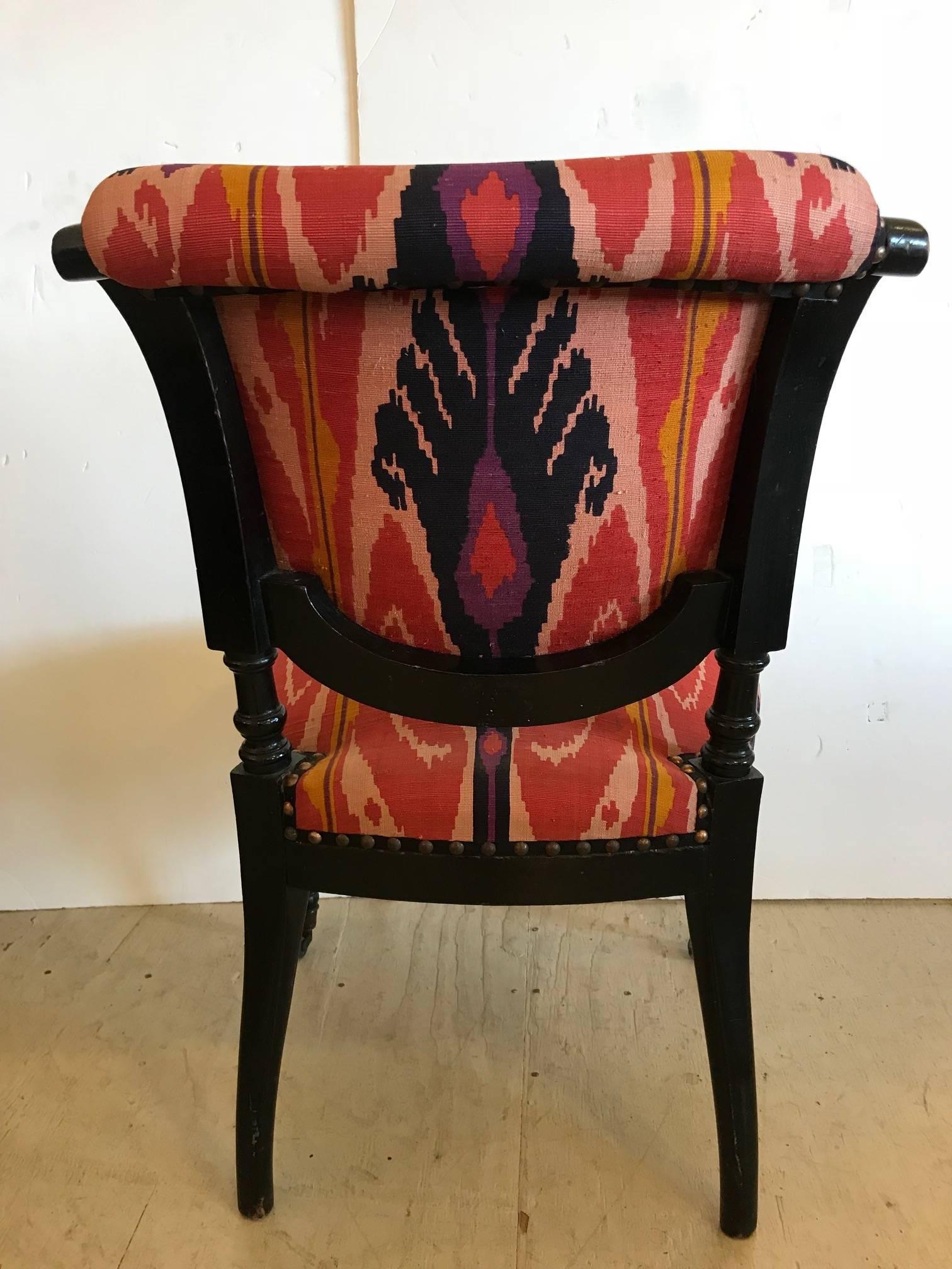 Chic Pair of French Side Chairs in Eye Popping Ikat In Excellent Condition In Hopewell, NJ