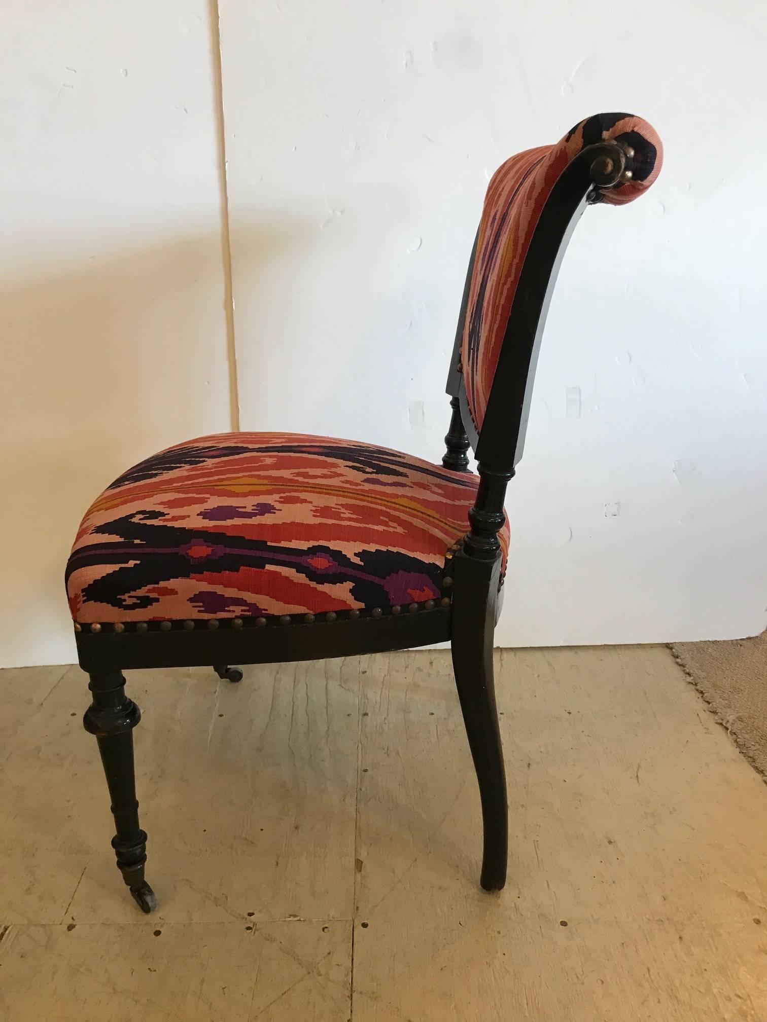 Mid-20th Century Chic Pair of French Side Chairs in Eye Popping Ikat