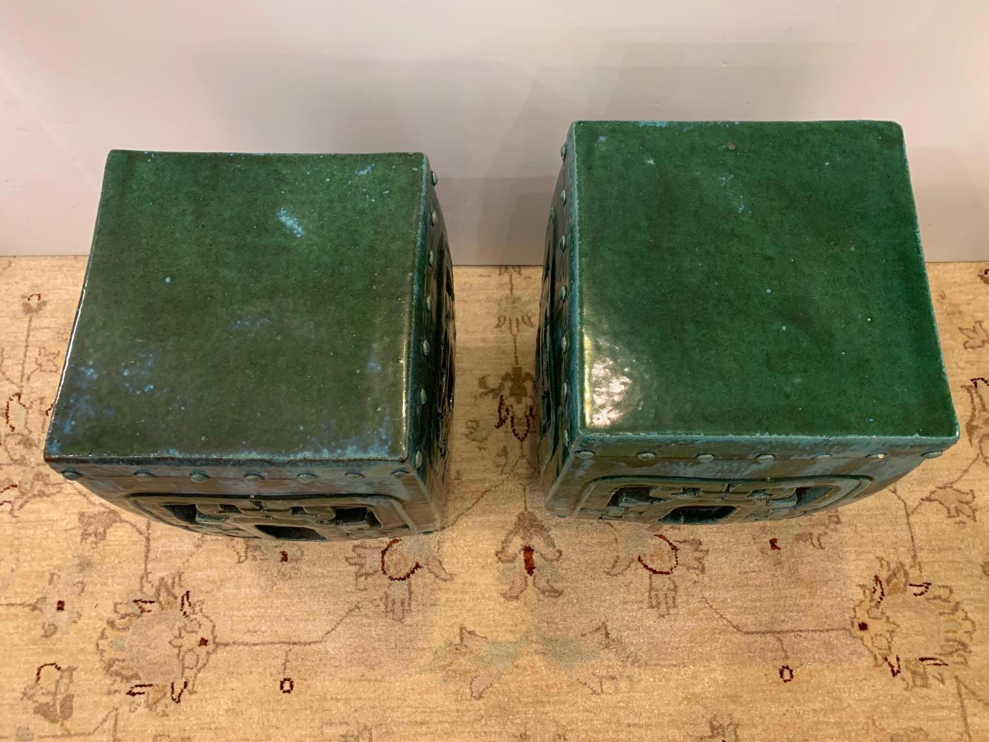 Chic Pair of Green Glazed Ceramic Asian Square End Table Garden Seats 4