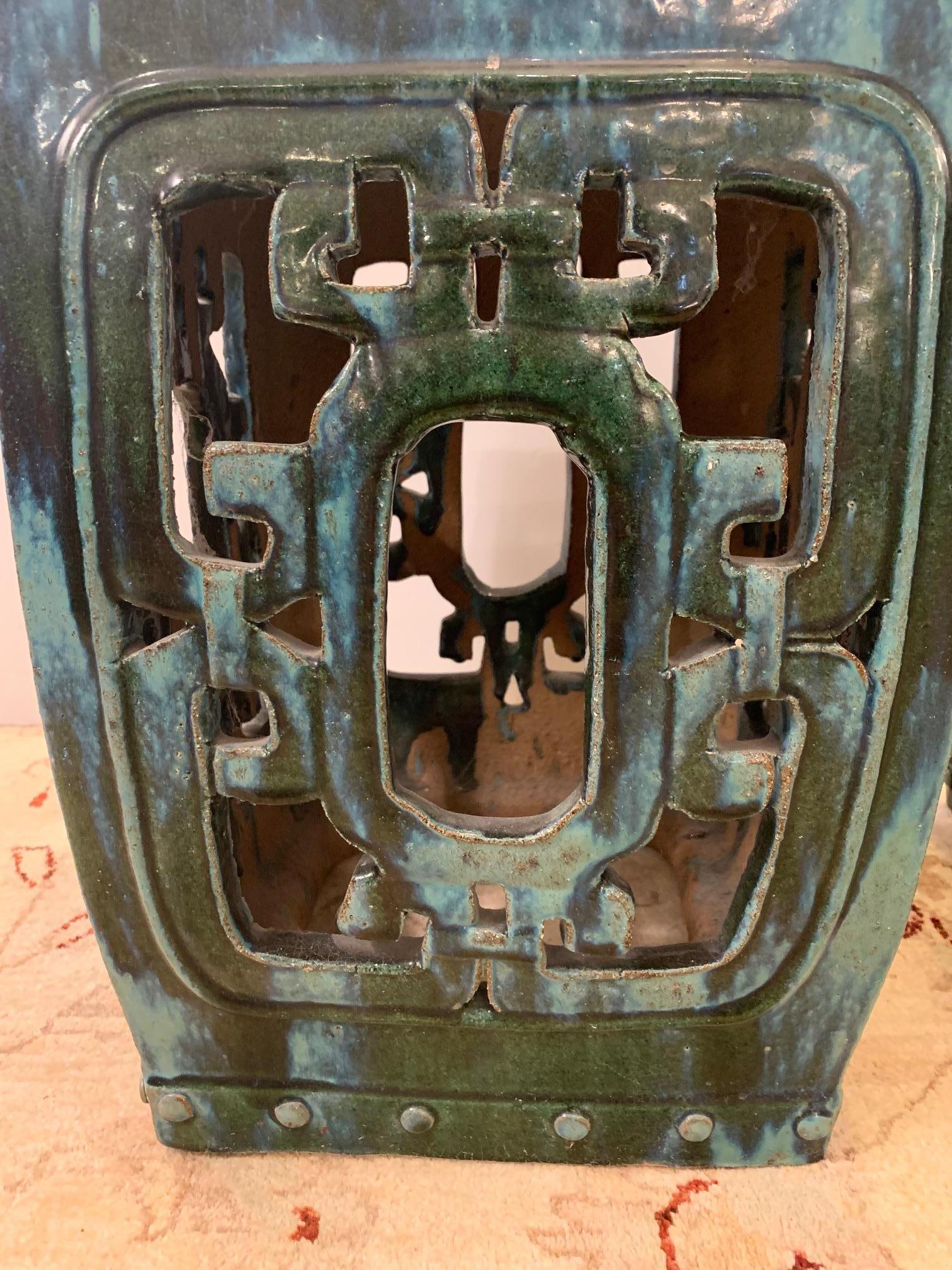 Chic Pair of Green Glazed Ceramic Asian Square End Table Garden Seats In Good Condition In Hopewell, NJ