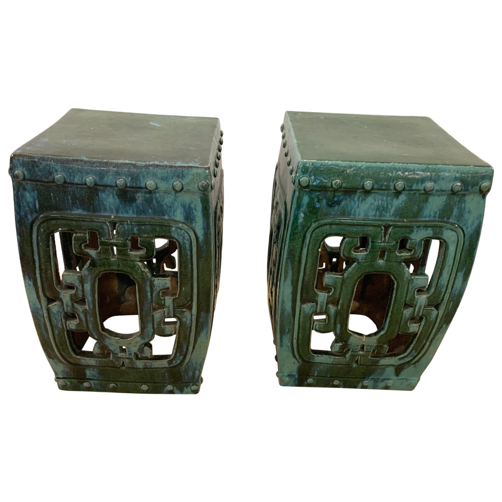 Chic Pair of Green Glazed Ceramic Asian Square End Table Garden Seats
