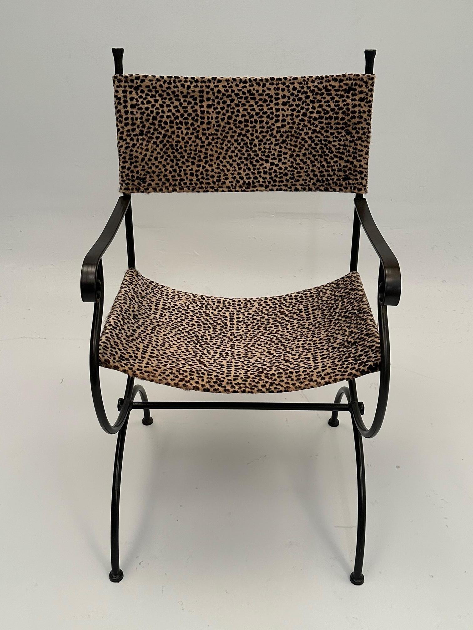Chic Pair of Hand Wrought Iron Armchairs with Cowhide Animal Print Upholstery 7