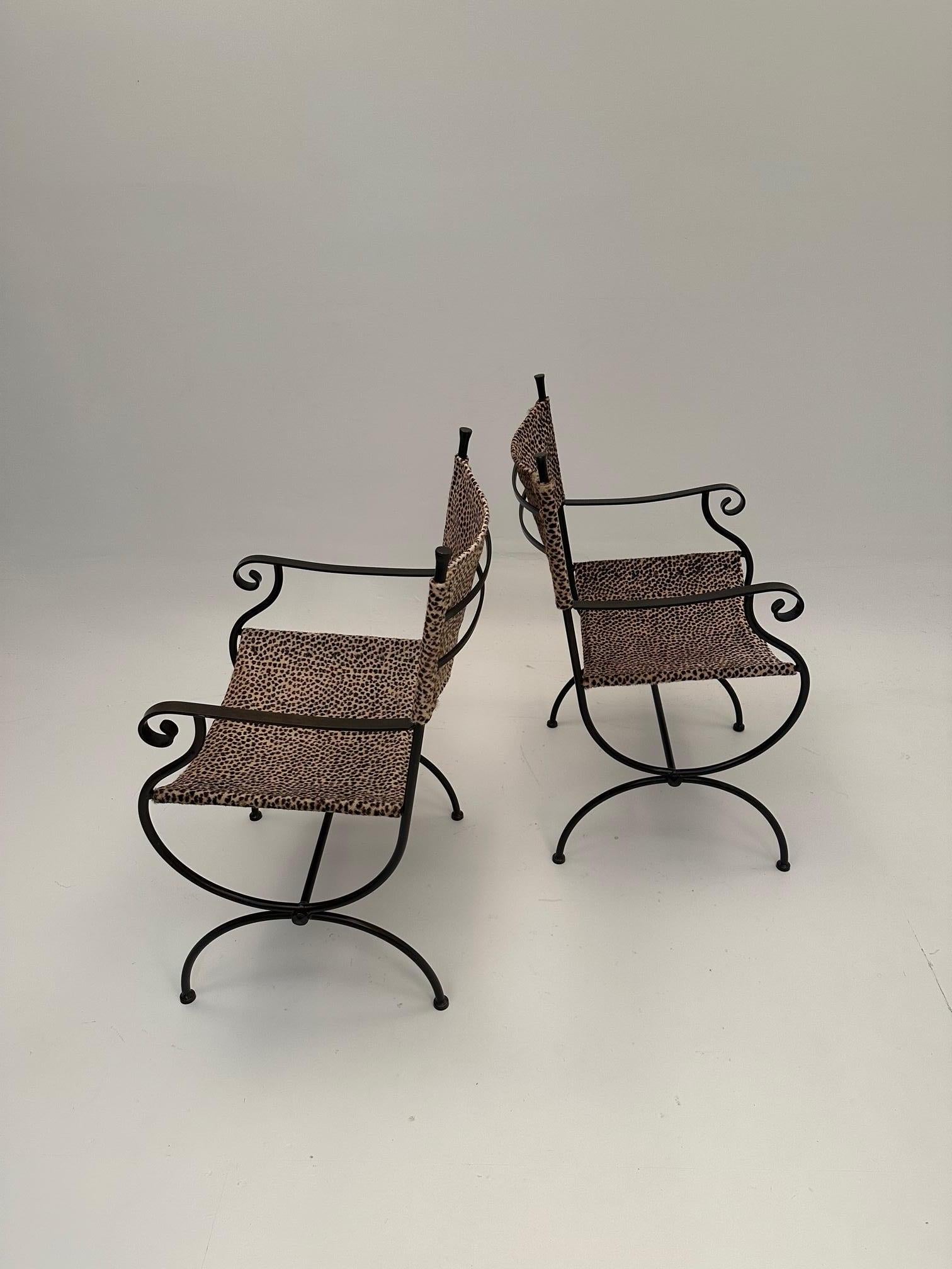 Italian Chic Pair of Hand Wrought Iron Armchairs with Cowhide Animal Print Upholstery